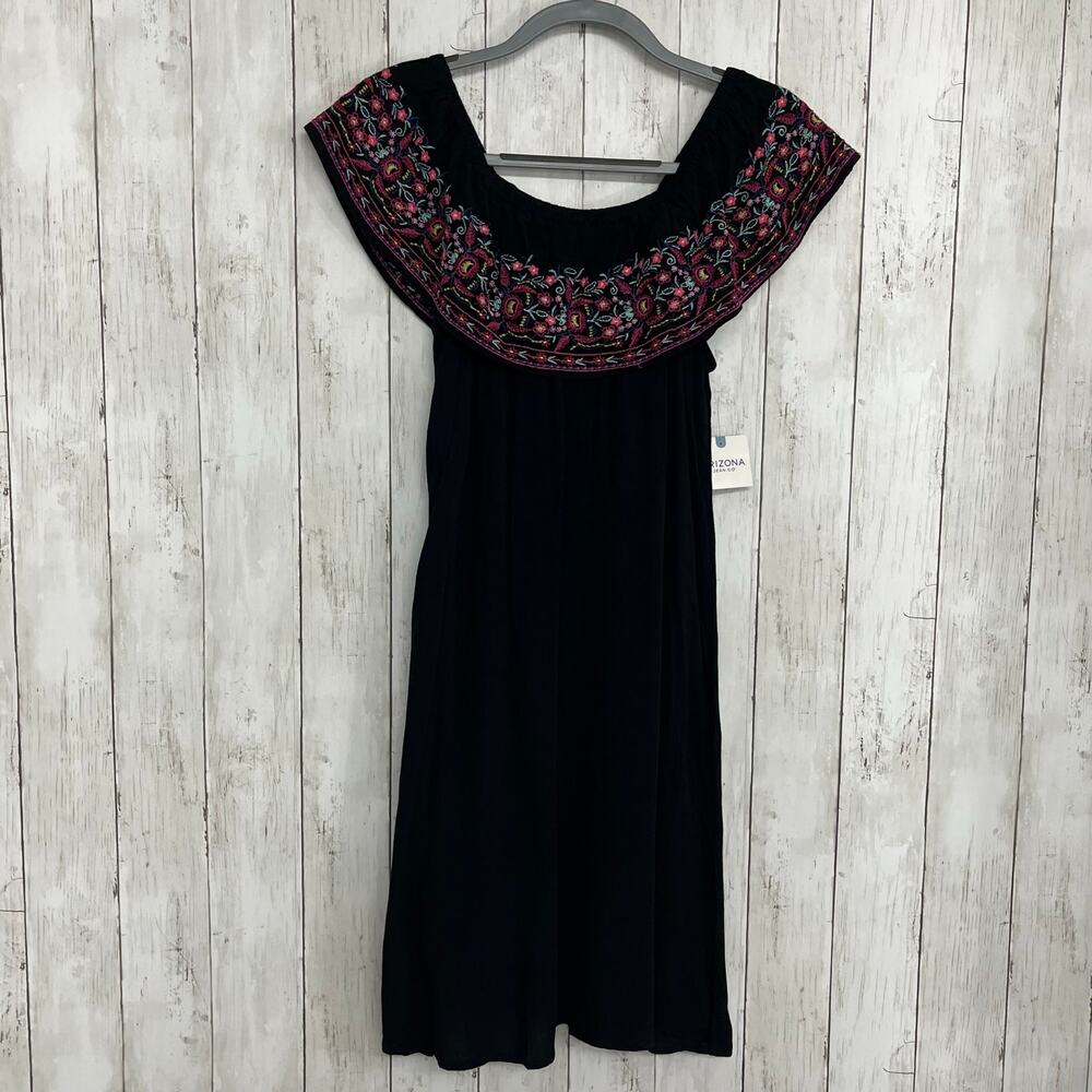 Arizona Black Embroidered Colorful Floral Off Shoulder Lined Flowy Boho Dress